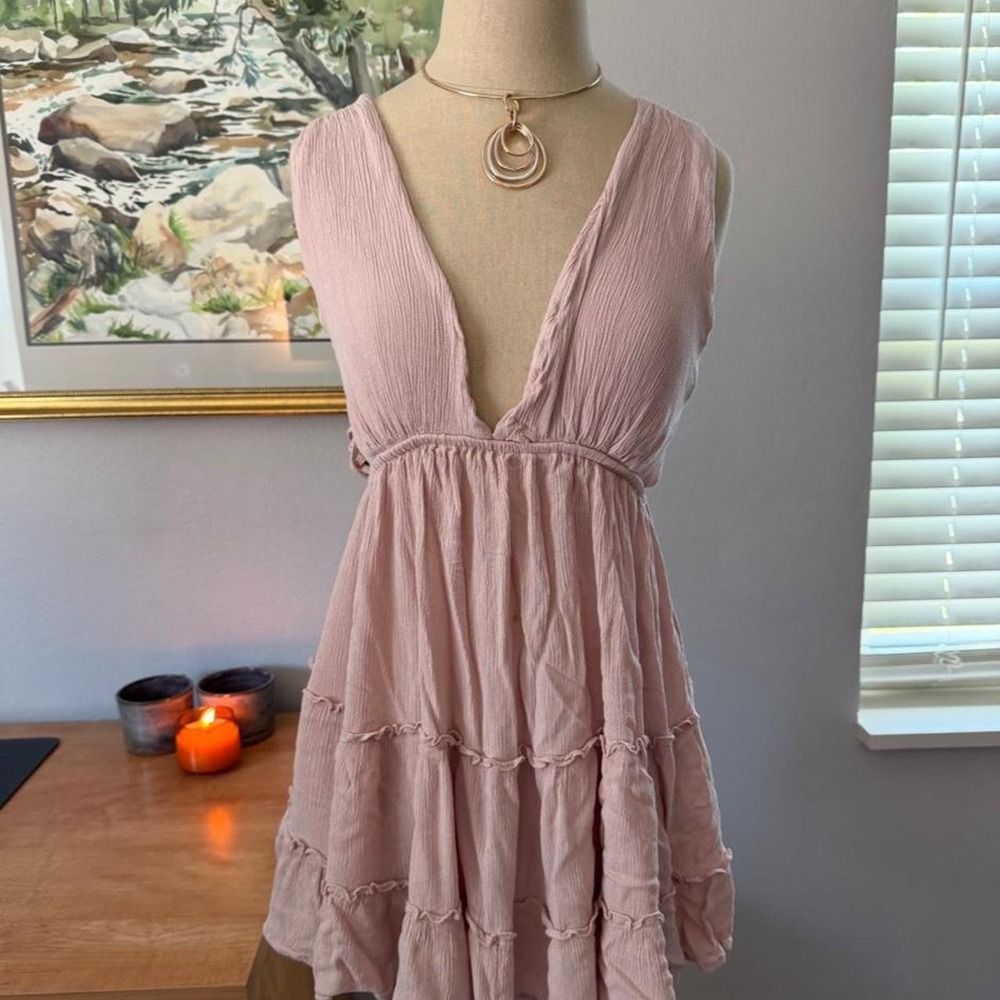 Mahina Blush Pink Tiered Babydoll Boho Mini Dress Ruffle Gauze Small
